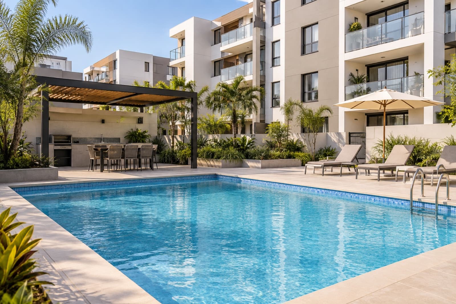 Zona común con piscina en un conjunto residencial